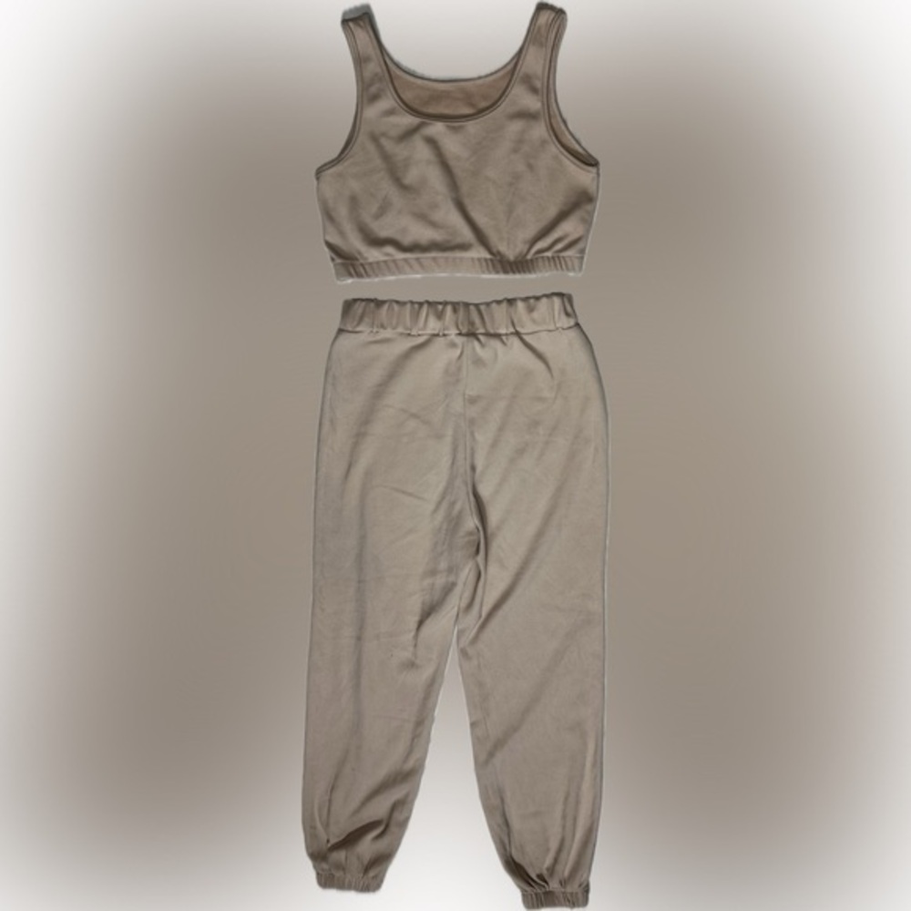 Beige High-Waisted Crop Top Pants Set size Small PreLoved